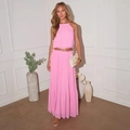 Completo rosa a due pezzi con top a fascia e gonna lunga a pieghe da donna - S / Rosa