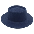 Navy blue flat top boater straw hat with wide brim in fine woven design - One Size / Navy Blue