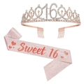 Rose gold 16th birthday tiara and pink Sweet 16 sash set for girls party - Rose Gold Sweet 16 Set