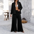 Chic black long-sleeve shirt and side-slit wide-leg trousers casual two-piece vacation set - S / Black