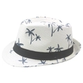 White straw jazz fedora with black ribbon and dark palm tree patterns for summer beach - 58cm / Off White