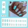 Long square mint blue press-on nails with daisy floral art and silver glitter French tips - Blue Green Flower Style (W1128)
