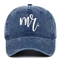 Detail of navy blue washed denim baseball cap with white cursive Mr. embroidery - Navy Mr.
