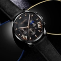 Men's black quartz watch with leather strap and golden dial details on black background - Black Strap Rose Gold Needle Single Watch