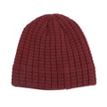 Detail view of burgundy knitted beanie showing classic thick ribbed texture and elastic weave - Burgundy