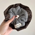 Handmade oversized scrunchie featuring brown leopard print and grey knit fabric contrast - Leopard Patch Knit Grey Scrunchie