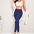 High-waist navy blue seamless yoga leggings with tummy control and push-up effect - Navy Blue