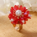 Handmade woven red petal flower ring with pearls and gold band for women - Red (WR1065)