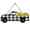 Wanddeko aus Holz im Vintage-Truck-Design mit schwarz-weißem Karomuster und Sonnenblumen - Holz / Sonnenblume Plaid LKW (Stil A)