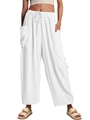 Détail du pantalon blanc à jambes larges avec taille élastique à cordon et poches latérales - S / Bottoms / Blanc