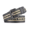 Men's striped canvas belt with dark metal buckle in grey olive and beige tones - Dark Grey Striped