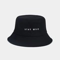 Detailed view of Stay Wild embroidery on black cotton canvas bucket hat fabric texture - One Size / Black