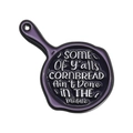 Skillet enamel pin with purple rim featuring humoristic cornbread quote on a white background - Purple Frying Pan Slogan Style (QHXZ2484)