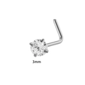 L-shaped stainless steel nose stud with a 3mm round clear cubic zirconia gem - L-Shape Round Zirconia (Silver)