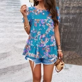 Blouse d'été à manches courtes en mousseline avec imprimé fleuri et volants - S / Bleu