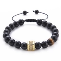 Tiger eye and black onyx beaded bracelet with gold pavé zircon initial B square bead - Letter B-Black Agate Bracelet