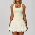 Light yellow sports yoga set featuring high waist tiered mesh skirt and racerback tank - S / Top And Bottom / Vest + Skirt (2033) / Creamy Yellow