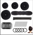 Complete black hair styling set with sponge donuts, hairpins, and elastic bands on white - 51-Piece Black Professional Series / Black