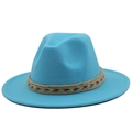 Detail of sky blue wool fedora with a colorful bohemian woven band and wide brim - Lake Blue