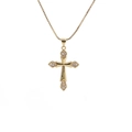 Detailed close-up of golden cross pendant with white zircon stones on a box chain - A0238 Cross