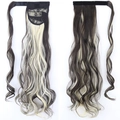 Long wavy ponytail hair extension in black and white highlight with velcro strap - Ash Brown Mixed Blonde