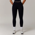 Black high-waisted yoga leggings with white contrast stitching and side pockets - S / Premium Black