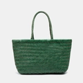 Handwoven green leather tote bag with vintage french basket style and large capacity - Small / Green