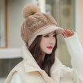 Women winter plush baseball cap in khaki with fluffy pompom and ear protection flaps - One Size / Khaki