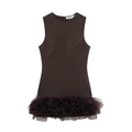 Sexy dark brown sleeveless mini dress with layered mesh tulle ruffles on white background - XS / Coffee