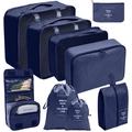 8-piece dark blue travel organizer set with mesh cubes and drawstring storage bags - Toiletry Bag 9-Piece Set / Navy Blue