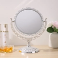 European vintage silver round desktop makeup mirror with ornate baroque floral carving - Round Silver
