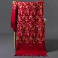 Roter bestickter Damen-Kaschmir-Schal mit ethnischen Blumenmustern und Fransen - 200cm / Weinrot