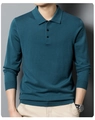 Men's polo neck knit sweater in dark peacock blue with fine ribbed texture details - M / Tops / Aqua Blue