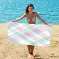Pink and mint green plaid microfiber beach towel showcased on a sunny summer beach scene - B84-Pink and Mint Twill Plaid