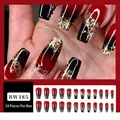 Long square press-on nails with red-black gradient design and gold foil glitter accents - Red Black Gradient Gold Foil Rhinestone Style (BW185)