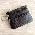 Dark brown pebble leather coin purse with three zipper pockets and a metal key ring - Coffee