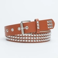 Punk style brown leather belt with three rows of silver square pyramid studs and buckle - Camel / Length 105cm Width 3.3cm