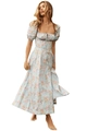 Robe midi fleurie bleu clair avec manches bouffantes et fente latérale fluide - S / Bleu avec fleurs rouges