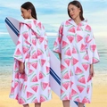 Adult microfiber hooded beach poncho towel featuring white base with watermelon print - Sleeved Zipper Style - Watermelon