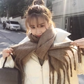 Thick warm cashmere-like scarf in camel brown with long fringe for winter comfort - Khaki Brown