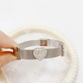 Silver mesh bracelet featuring a large heart-shaped crystal and T-bar accents - 359-1 Silver Tone Bangle (359-1 Silver Tone)