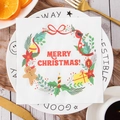 Festive Merry Christmas paper napkin with colorful wreath on a white dinner plate - Christmas Element Wreath (JR-14)