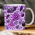 3D Spooky Halloween ceramic coffee mug with pumpkin and bat illustrations on wood table - SP-G Style