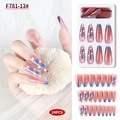 Pink gradient long coffin press-on nails with blue heart patterns and French tips - F781-13/Long Ballerina/Pink Blue Heart French
