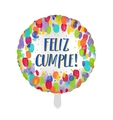 18 inch white foil balloon with colorful brushstrokes and blue Feliz Cumple text - Round Colorful Dots Spanish Birthday Balloon