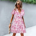 Short sleeve V-neck floral dress in white with pink and purple flower patterns - S / Rose Red