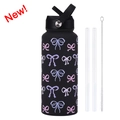 Botella deportiva 1L de acero negro mate con estampado de lazo rosa y kit pajita - Decoración de lazo / Negro 9L