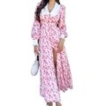Pink floral maxi dress with white pointed collar and long sleeves for women - S / Pink