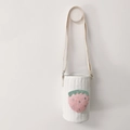 Quilted cotton water bottle carrier with pink strawberry embroidery and adjustable strap - White/Pink Strawberry
