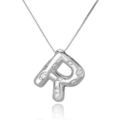 Macro shot of silver letter R pendant with sparkling zircons and delicate box chain - Letter R